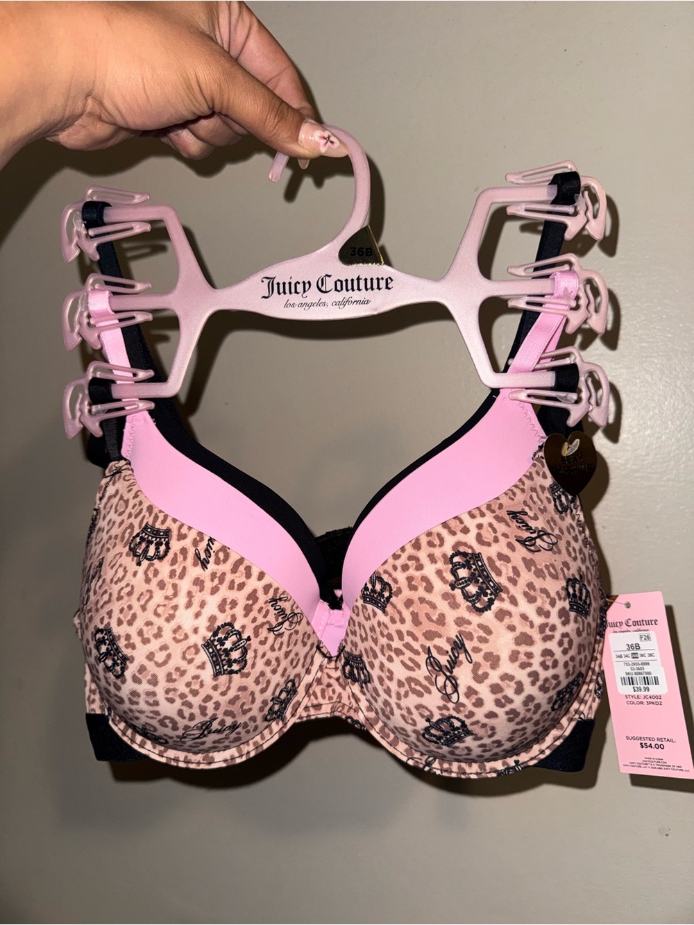 36B Juicy Couture Pink Leopard Print Black 3 Bra set